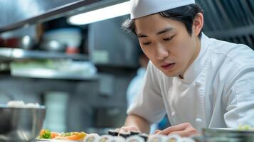 Chef cooking sushi in kitchen with tableware and cap photo