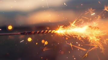 Close up of a sparkler igniting with sparks in the atmosphere photo