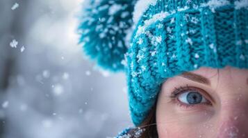 cerca arriba de mujer en eléctrico azul gorra con azur lana fuente en nieve foto