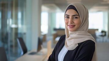 Confident Middle Eastern Businesswoman in Modern Office Setting - Professional Work Environment, Diversity in Business, Corporate Headshot photo