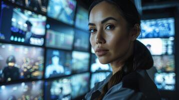 A woman stands before a wall of electric blue monitors in darkness photo