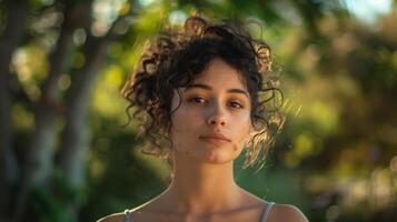 confidente joven mujer con acné, abrazando natural belleza, al aire libre retrato en lozano verdor, diversidad en valores fotografía foto