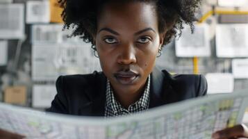 A woman in a suit reads a newspaper on the street photo