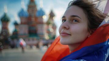 a woman is holding a russian flag in front of a cathedral photo