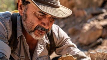 un hombre con un barba y Dom sombrero sonrisas mientras mirando a un rock en el paisaje foto