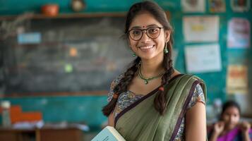 joven indio mujer en tarde 20s vistiendo sari participación un cuaderno en aula, educación, inclusión, cultural diversidad foto