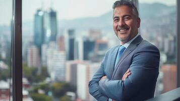 Confident Business Executive with Cityscape Background for Corporate Marketing and Networking photo