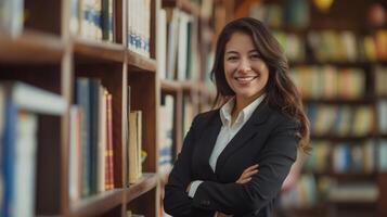 Professional Young Adult Woman in Business Attire Smiling in a Library Setting for Corporate and Education Use photo