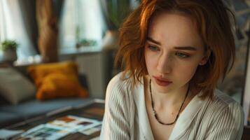 Redhaired woman sitting at table with layered hair, looking down photo