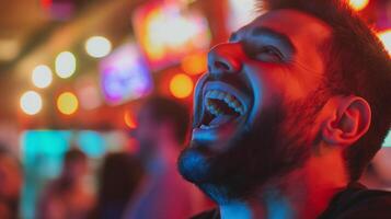 Excited Soccer Fan Celebrating Joyful Moment in a Vibrant Sports Bar, Perfect for Commercial Use and Advertising Campaigns photo