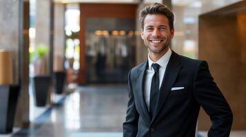 confidente empresario en moderno oficina vestíbulo, profesional retrato de un joven, sonriente ejecutivo en un traje, Perfecto para corporativo utilizar foto