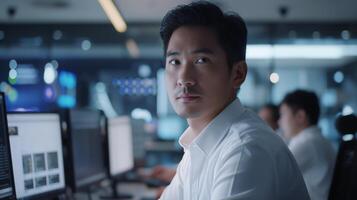 Man at office desk with computer, smiling while working on job tasks photo