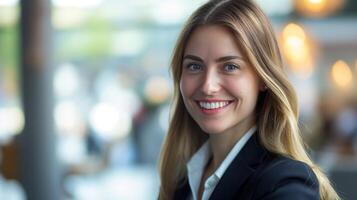 Professional Headshot of a Smiling Businesswoman in a Modern Office Setting photo