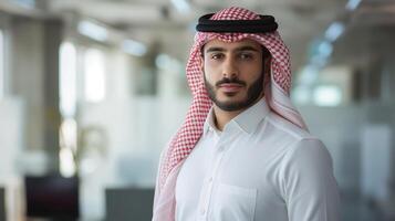 Professional Middle Eastern Businessman in Traditional Attire Standing Confidently in Modern Office Environment photo