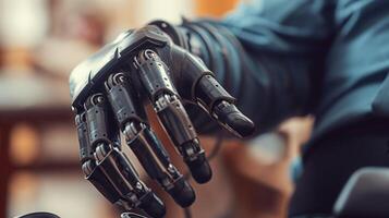 a close up of a person wearing a robotic hand photo