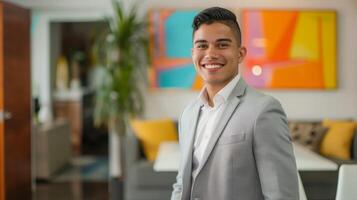 profesional joven hombre en gris traje, brillante oficina fondo, negocio ambiente, multicultural representación, sonriente con confianza foto