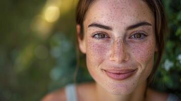 pecoso mujer sonriente, de cerca retrato, natural belleza, expresivo marrón ojos, al aire libre fondo, bokeh efecto foto