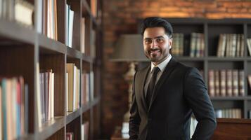 Confident Business Professional in Office Library Setting Smiling for Portrait - Diversity, Professionalism, Business Environment Concept photo