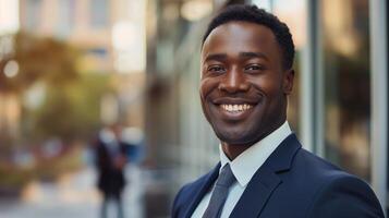 Professional African American Businessman with Confident Smile and Suit, Urban Setting, Suitable for Business Materials, Promotional Content, Stock Photography photo