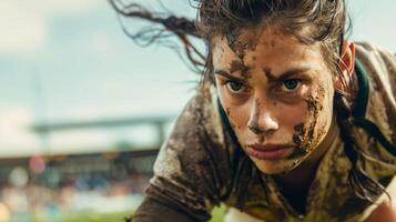 Determined Rugby Player with Mud-Splattered Face photo