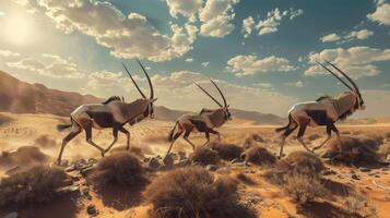 A herd of antelope gracefully roaming the grassland under the vast desert sky photo