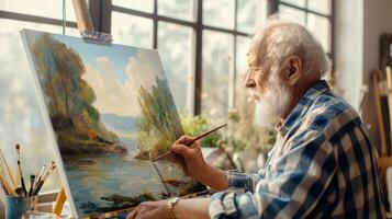 Painter creating art on easel with paint and brush photo