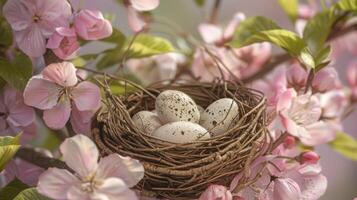 A bird nest, filled with eggs, is nestled among pink flowers photo