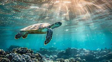 Kemps ridley sea turtle swims near coral reef in the underwater habitat photo