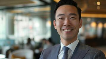 Confident Asian Businessman Smiling in Modern Office Environment, Professional Headshot for Corporate, Marketing, and Recruitment photo