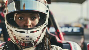 un mujer en Deportes engranaje se sienta en un Vamos kart vistiendo un casco a un público evento foto