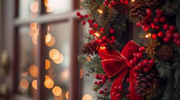 A festive Christmas wreath with a red bow adorns a window photo