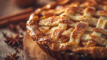 Close up of a delicious apple pie on a rustic wooden table photo