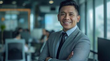 Professional Businessman in Modern Office Environment, Confident Smiling Male Executive in Suit, Asian Business Model for Corporate Design and Marketing photo