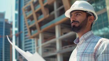 Engineer with a hard hat holding blueprint at a construction site photo