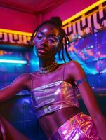 Woman in crop top and shorts in neon room, Purple vibes, fun atmosphere photo