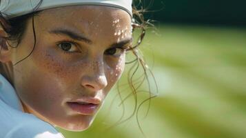 Close up of woman on tennis court, headband, happy smile, grass background photo