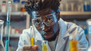 enfocado africano americano científico en laboratorio ajuste conductible experimentos para científico investigación y desarrollo foto