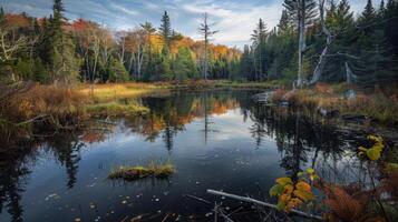 Tree reflections in the tranquil lake within a forest photo