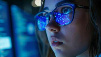 A woman in cool eyewear is looking at a computer screen for entertainment photo