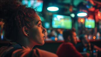 joven ventilador emocionado acecho fútbol partido en animado bar con amigos, capturar el vibrante atmósfera de emoción y anticipación foto