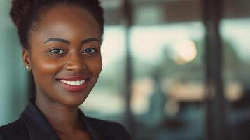 Confident African Businesswoman Smiling in Modern Office Setting for Professional Use photo