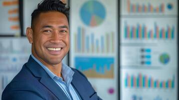 Confident Smiling Businessman, Charts, and Graphs, Successful Professional, Business Analysis, Pacific Islander Model, Corporate Environment photo