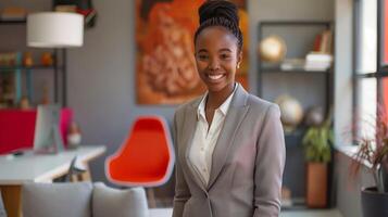 Professional Woman in Business Attire Smiling in Modern Office Setting for Diverse Corporate and Marketing Use photo