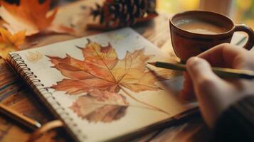 persona creando arce hoja diseño en cuaderno en de madera mesa siguiente a café taza foto