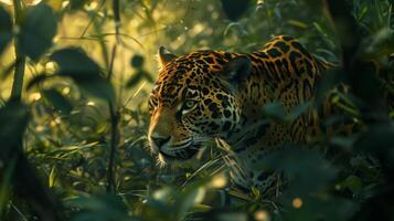 Felidae carnivore, African leopard stalking prey in lush green forest photo