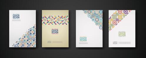 Set islamic cover design template with colorful detail and texture of floral mosaic islamic art ornament. vector