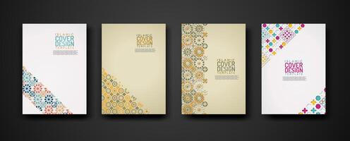 Set islamic cover design template with colorful detail and texture of floral mosaic islamic art ornament. vector