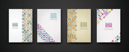 Set islamic cover design template with colorful detail and texture of floral mosaic islamic art ornament. vector