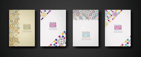 Set islamic cover design template with colorful detail and texture of floral mosaic islamic art ornament. vector