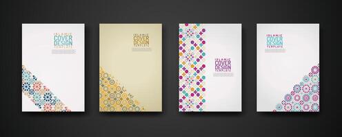 Set islamic cover design template with colorful detail and texture of floral mosaic islamic art ornament. vector